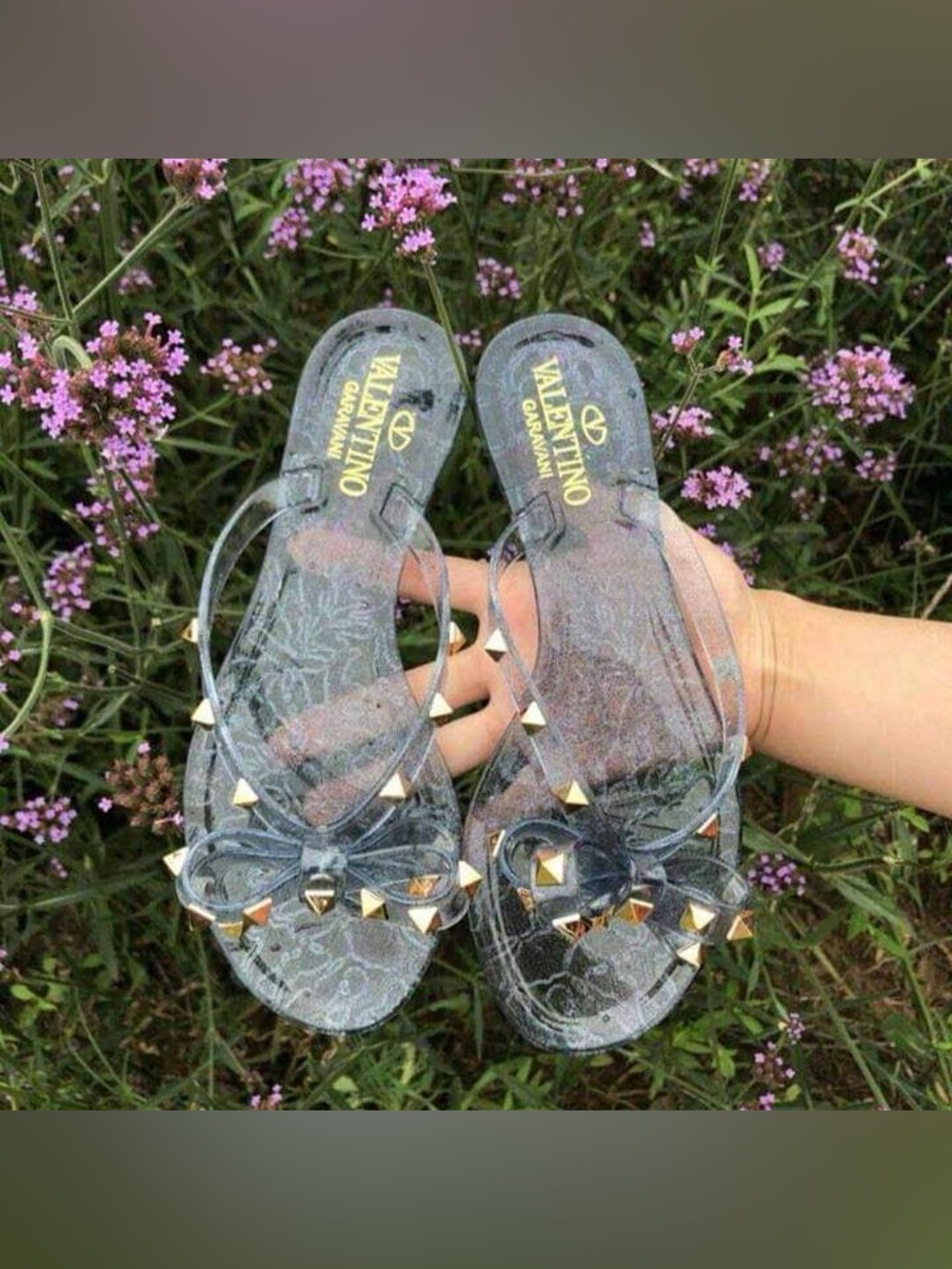 Valentino Clear Glitter Jelly Bow Thong Sandals with Gold Studs - Women